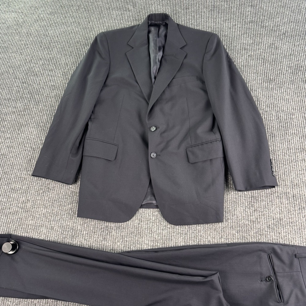 Vintage Eddie Jacobs Suit 39R Blue Wool Solid Union Made USA 32x28 Pleated Pants